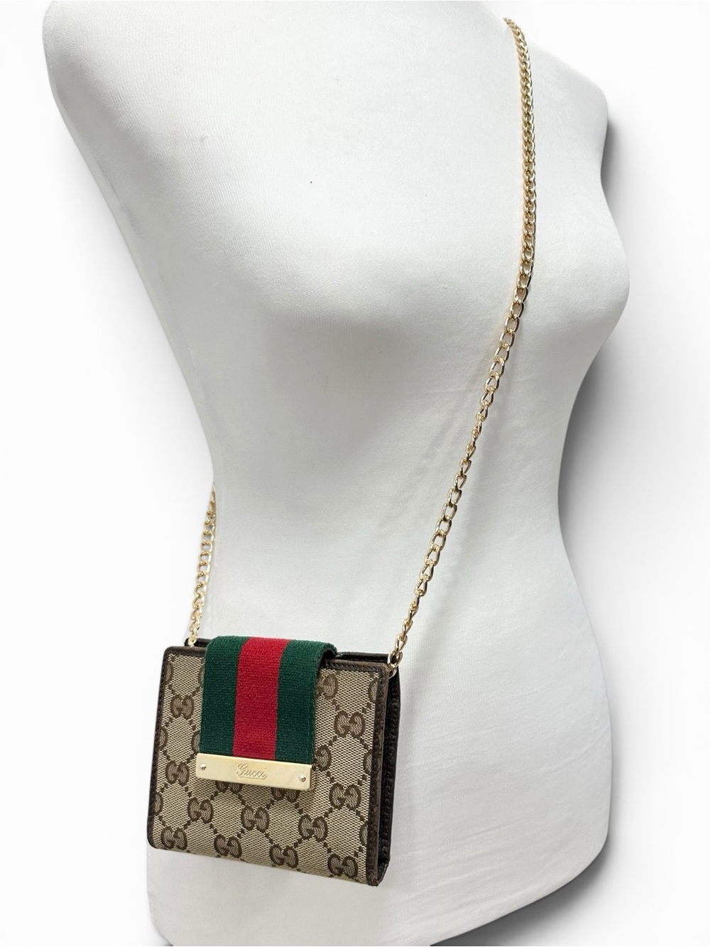 Gucci GG Tan Canvas & Brown Leather Sherry Stripe Compact Wallet on Chain
